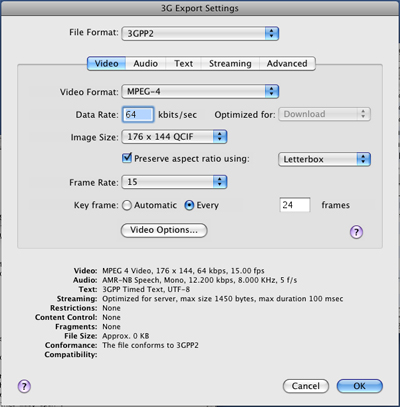 PcP Encodings - 3GPP (Release A) Server - Video Settings